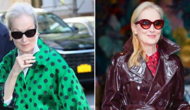 Meryl Streep in a green and black polka dot coat on the left, and then in a deep red Dolce & Gabbanna trench later at "The Devil Wears Prada 2" global press junket in New York City on Friday night.