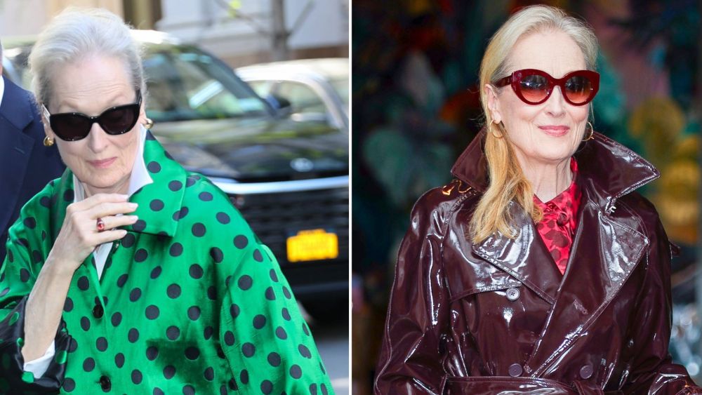 Meryl Streep in a green and black polka dot coat on the left, and then in a deep red Dolce & Gabbanna trench later at "The Devil Wears Prada 2" global press junket in New York City on Friday night.