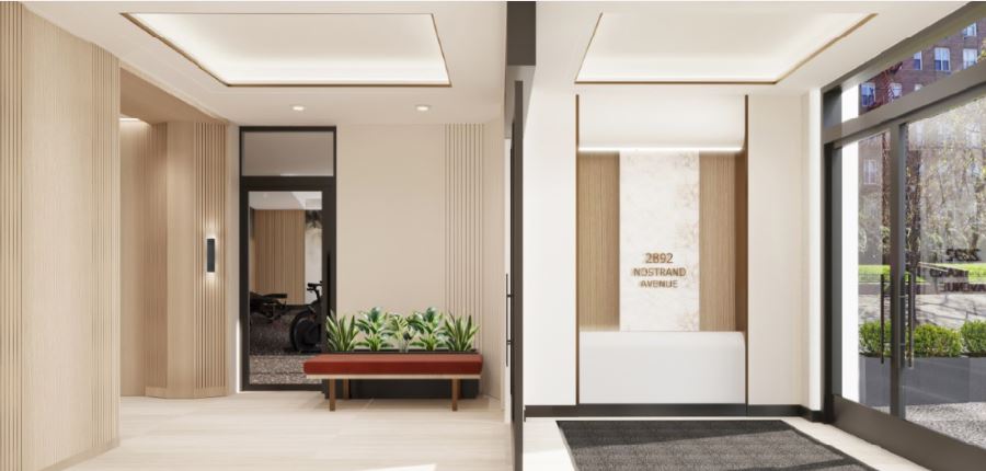rendering of the entry with neutral finishes
