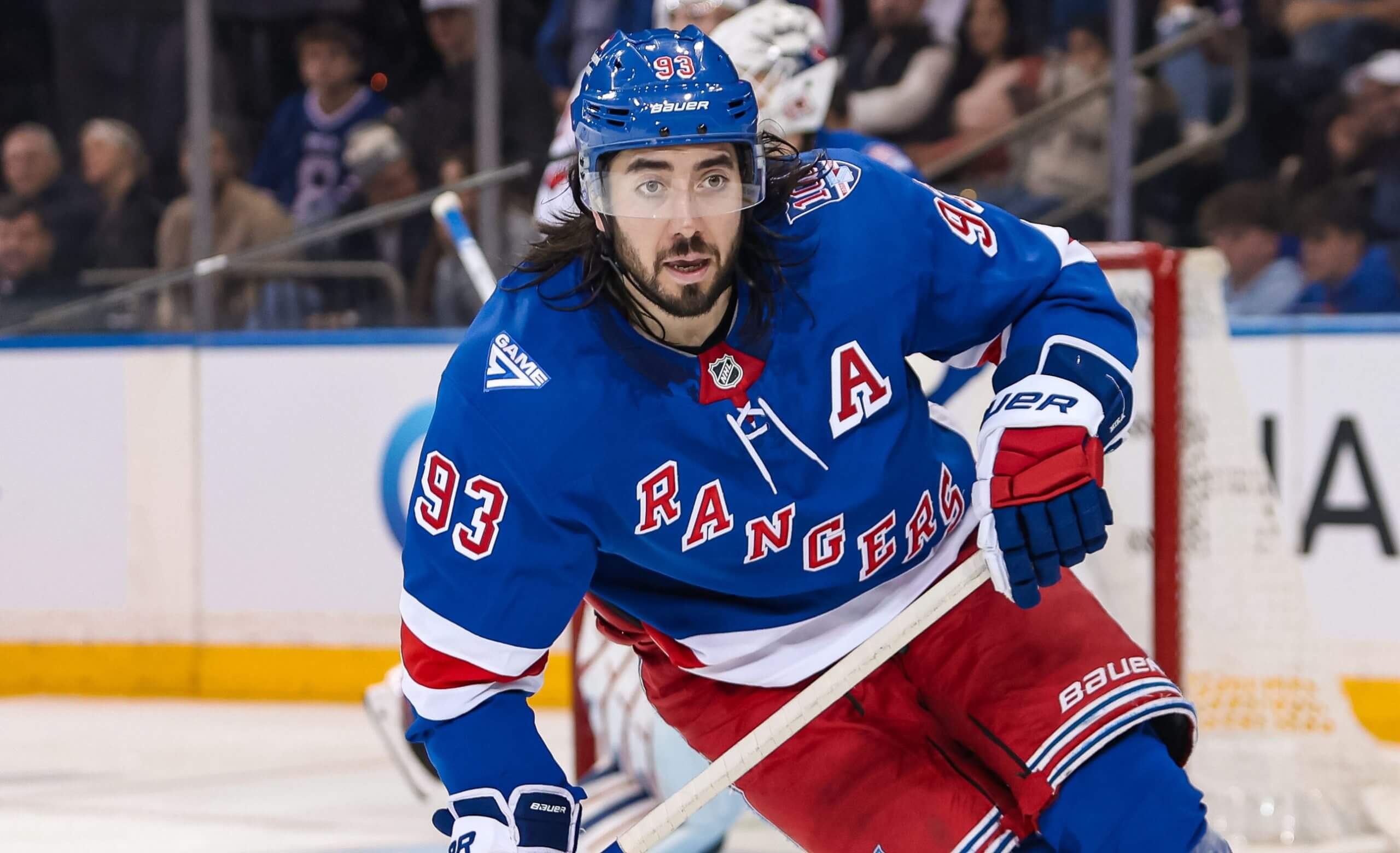 New York Rangers center Mika Zibanejad skates against the Washington Capitals at Madison Square Garden.