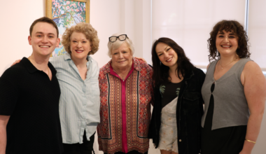 The cast of "Miracle on South Division Street” and the vice president of Penguin Rep Theatre pose in the Janet Hennessy Dillenschneider Gallery at the Sheen Center. (Left to right: Joey Pittorino, Grace Experience, Elsa Jean Davidson, Liz McCartney, and Coryn Carson.)
