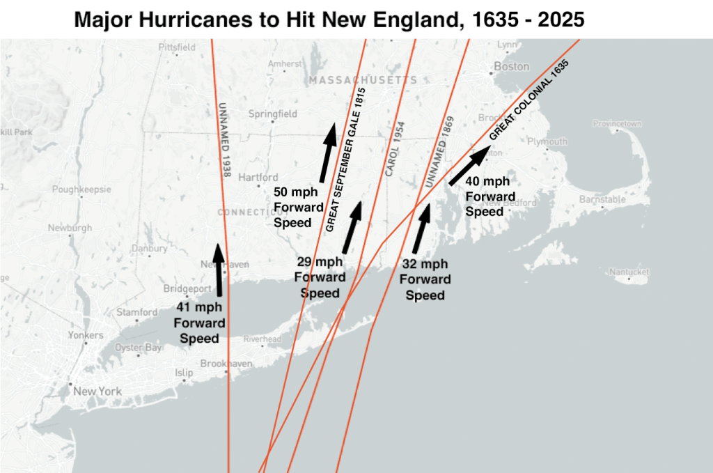 A map of southern New England showing the major hurricanes that hit the region between 1635 and 2025