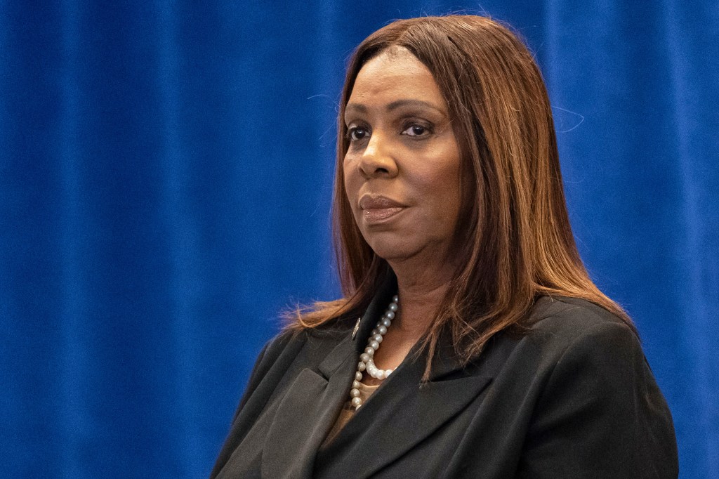 New York Attorney General Letitia James in a black blazer and pearl necklace.