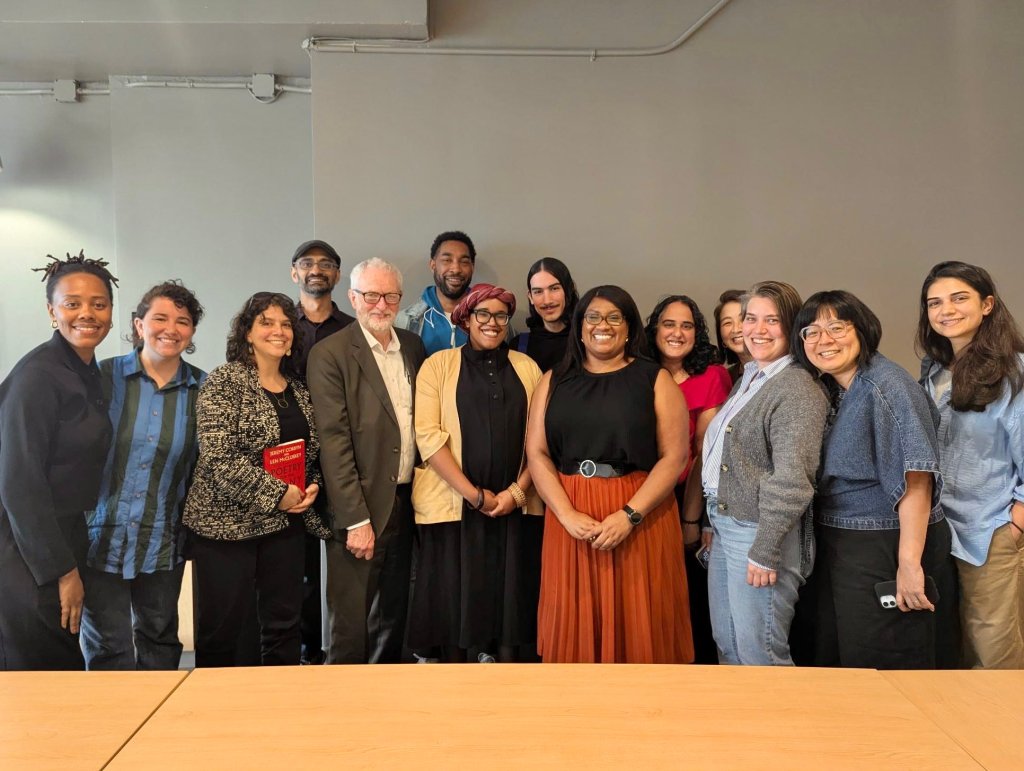 Jeremy Corbyn and Bell Ribeiro-Addy with members of the NYC Democratic Socialists of America.