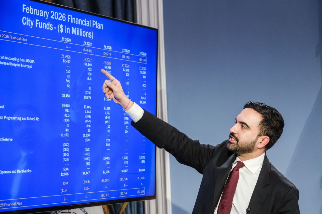 Mayor Zohran Mamdani points to numbers on a screen displaying the February 2026 Financial Plan for City Funds.