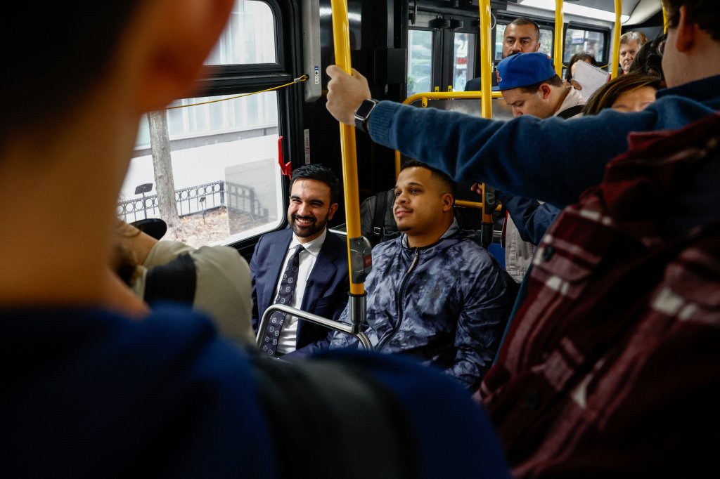New York City mayoral candidate Zohran Mamdani on a bus.