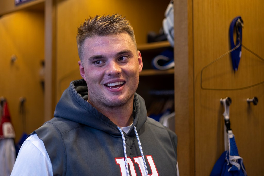 New York Giants guard Shane Lemieux is interviewed by the media after practice at the Quest Diagnostics center, Tuesday, Sept. 5, 2023, in East Rutherford, New Jersey.  
