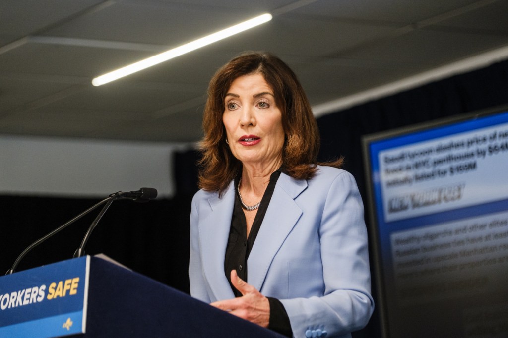 Governor Kathy Hochul speaking at a press conference about a pied-à-terre tax.