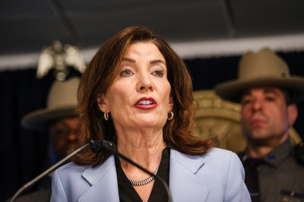 New York Governor Kathy Hochul speaks at a press conference.