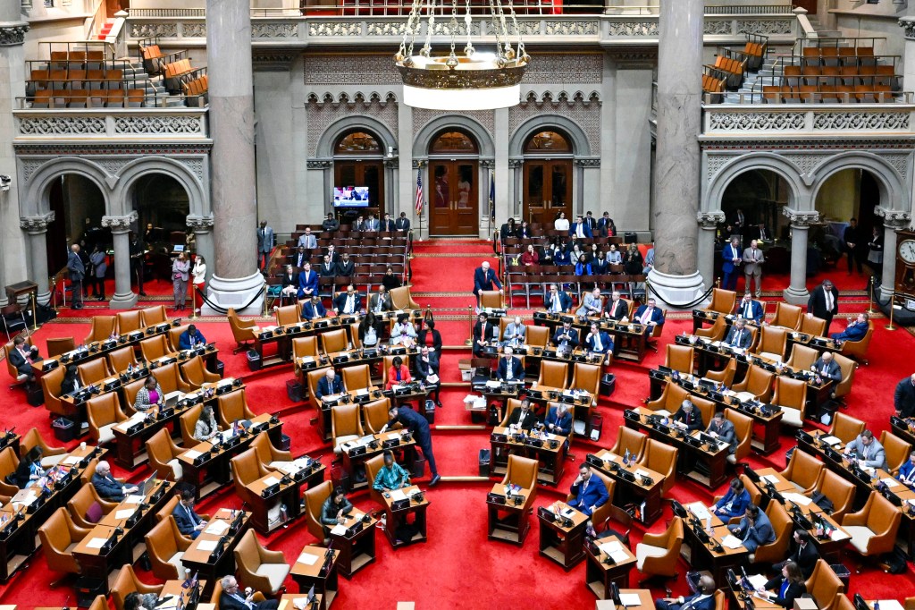The New York State Assembly Chamber with legislators seated at desks on a red carpet.