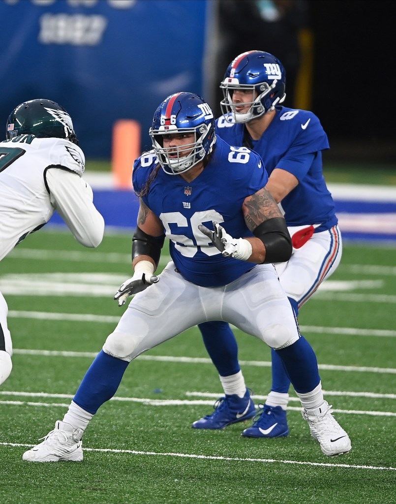 New York Giants guard Shane Lemieux (66) during a NFL football game against the Philadelphia Eagles Sunday Nov. 15, 2020 in East Rutherford, New Jersey. 
