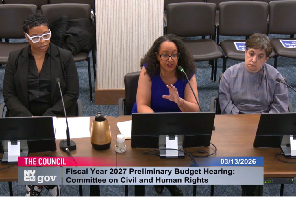 NYC CORE ED and Chair Linda Tigani, along with Legal Counsel Rachel Natelson, and Senior Director of Research and Policy Maya Williams at a budget hearing.