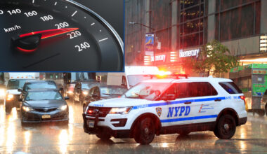 NYPD SUV next to speedometer of a vehicle speeding