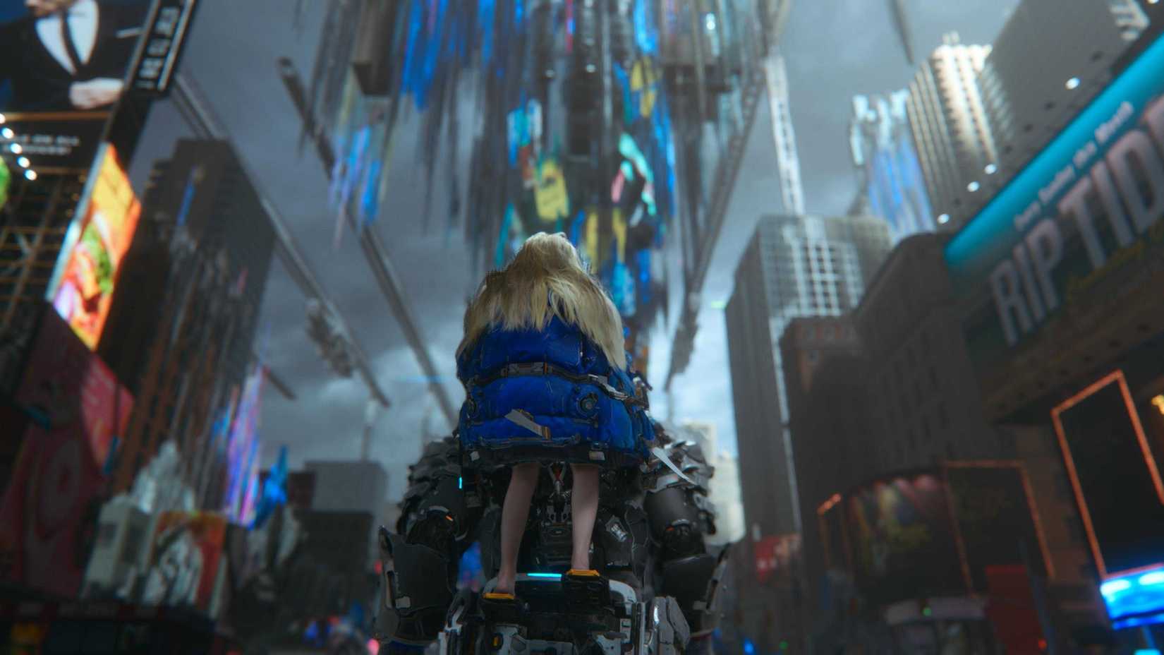 Astronaut Hugh and android Diana walking around Times Square on the moon in a screenshot from Pragmata