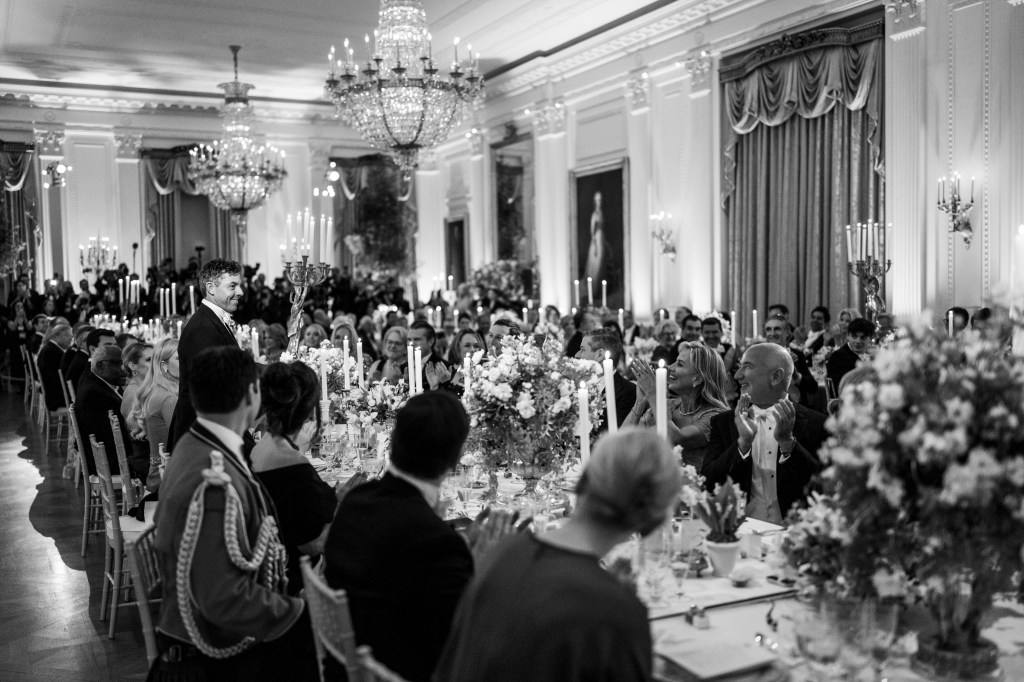 President Donald J. Trump delivers remarks during a State Dinner for King Charles III and Queen Camilla of the United Kingdom, Tuesday, April 28, 2026, in the East Room of the White House. (Official White House Photo by Daniel Torok)