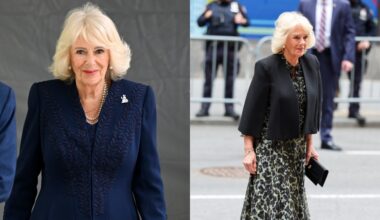 Queen Camilla wears Fiona Clare Aldridge designs during engagements as part of her royal visit to New York City on April 29.