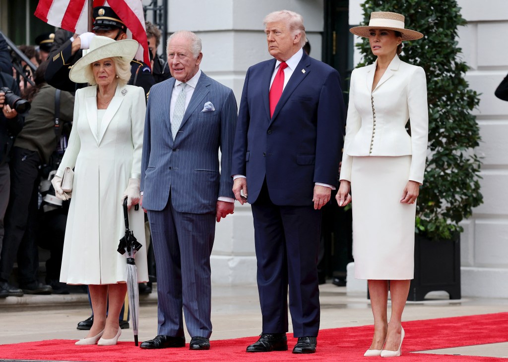 President Donald Trump and Melania Trump greet King Charles III and Queen Camila to the White House.