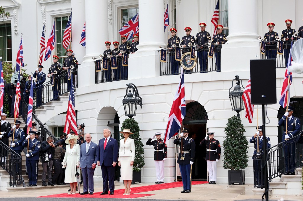 President Donald Trump and Melania Trump greet King Charles III and Queen Camila to the White House.