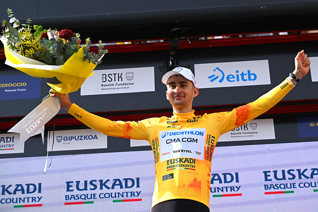 EIBAR, SPAIN - APRIL 10: Paul Seixas of France and Team Decathlon CMA CGM celebrates at podium as Yellow Leader Jersey winner during the 65th Itzulia Basque Country 2026, Stage 5 a 176.2km stage from Eibar to Eibar / #UCIWT / on April 10, 2026 in Eibar, Spain. (Photo by Tim de Waele/Getty Images)