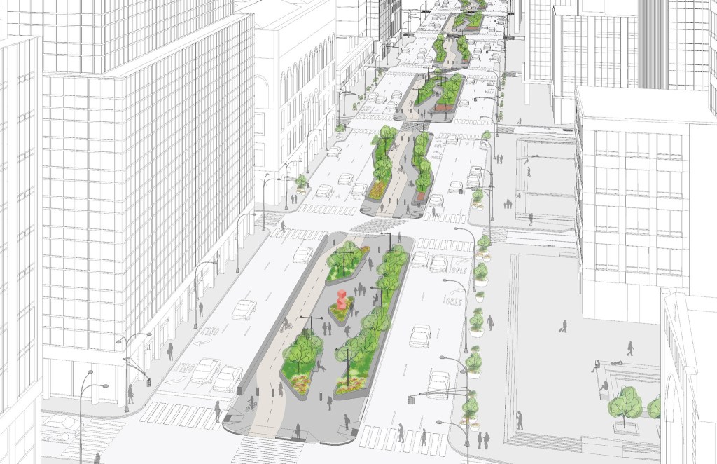 Illustration of a proposed redesign for Park Avenue with green medians, bike lanes, and reduced car lanes.