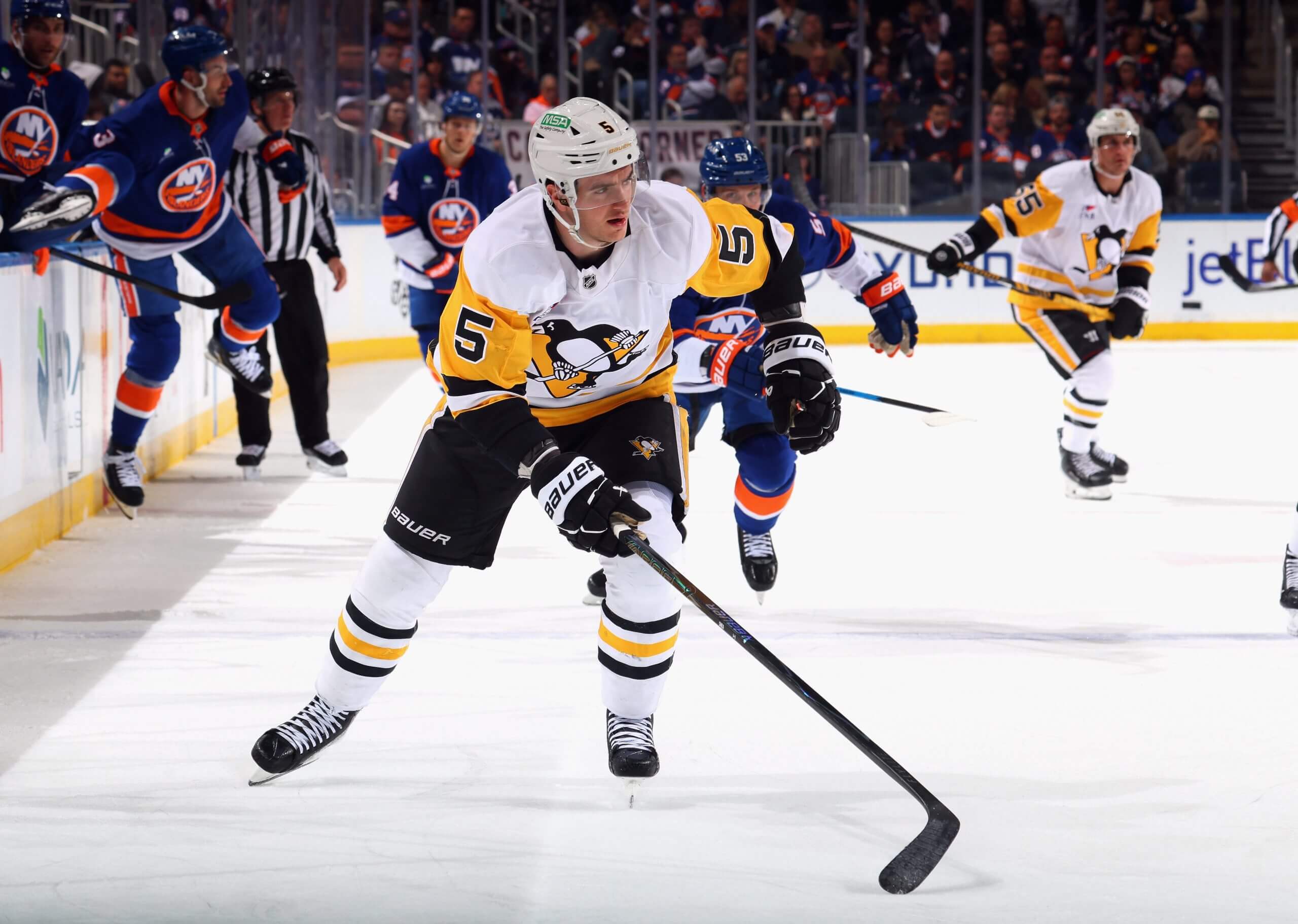 Pittsburgh’s Ryan Shea skates against the New York Islanders.