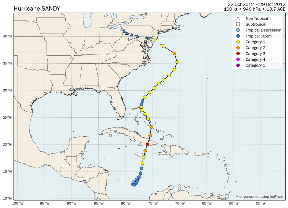 A map of the Atlantic Ocean and the East Coast shows the track that Hurricane Sandy took in October 2012