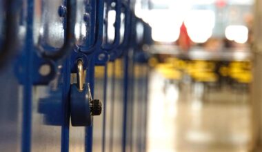 school lockers, one with a lock on it