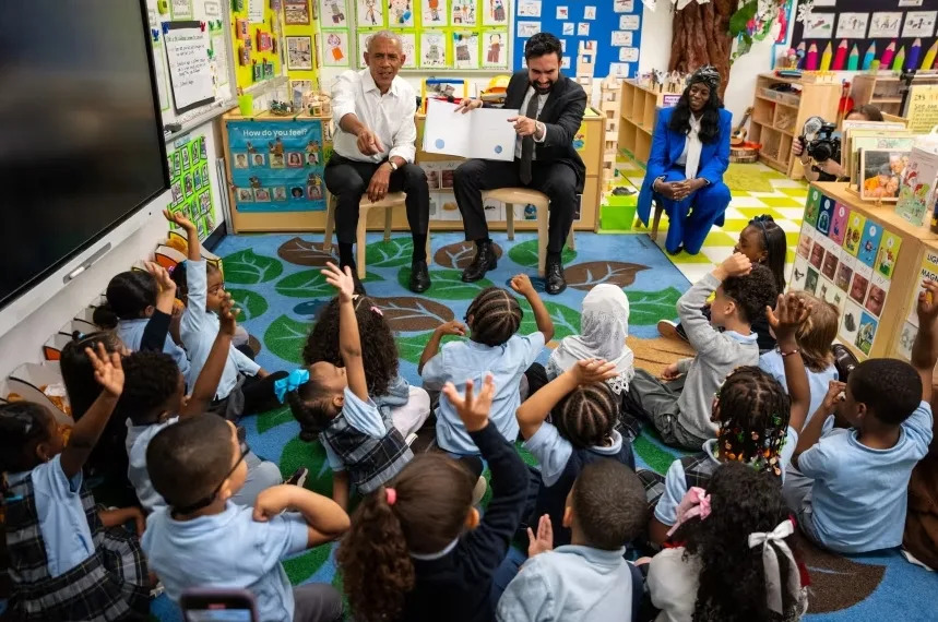 Barack Obama and Zohran Mamdani interact with a lively group of preschoolers as they take part in a fun and engaging classroom session.