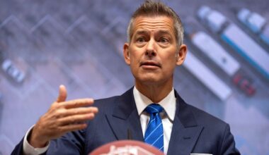 Transportation Secretary Sean Duffy speaks during a news conference at the Department of Transportation in Washington, Friday, Dec. 12, 2025. (AP Photo/Mark Schiefelbein)