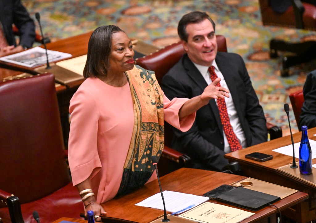 Senate Majority Leader Andrea Stewart-Cousins and Deputy Majority Leader Michael Gianaris in the Senate Chamber.