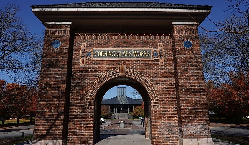The Corning Glass Works arch in front of the Corning World Headquarters