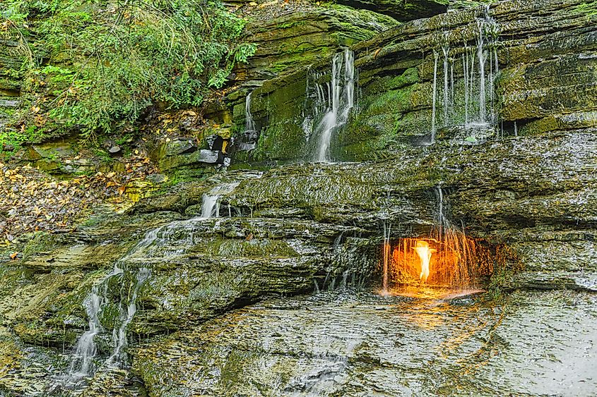 The iconic and unique Eternal Flame Falls, Shale Creek Preserve, Chestnut Ridge Park, Orchard Park, Erie County, New York.