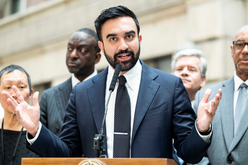 New York City Mayor Zohran Mamdani speaking at a press conference at Bellevue Hospital.