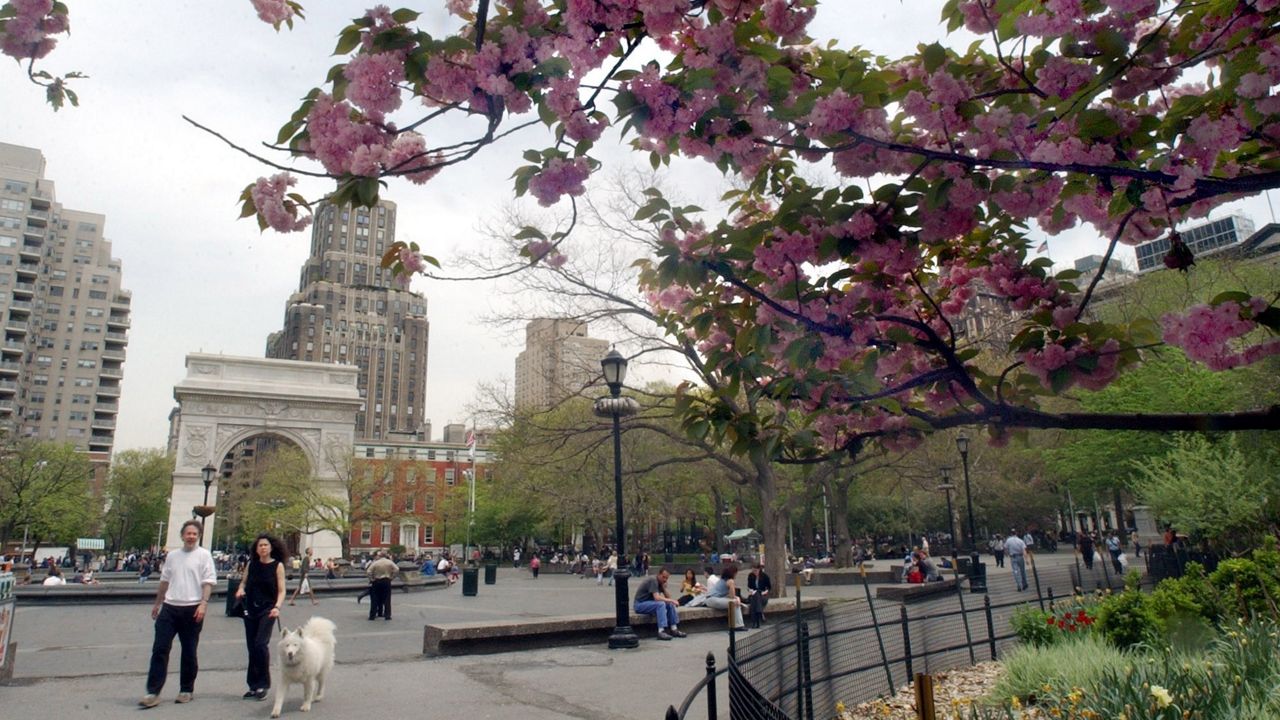 The arch in Washington Square Park is framed by spring blossoms. (AP Photo/Richrd Drew)
