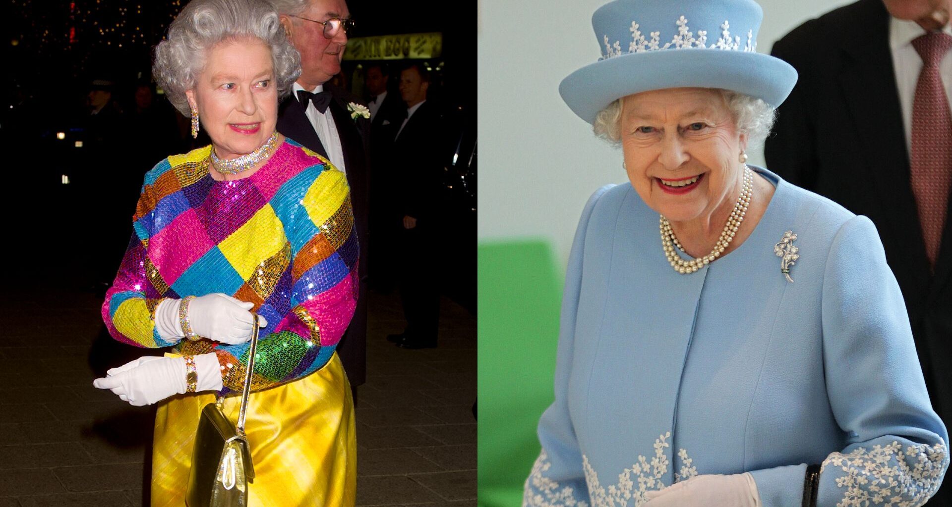 Queen Elizabeth wearing a colorful sequined gown and smiling; Queen Elizabeth wearing a pale blue coat and matching hat and pearls
