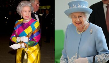 Queen Elizabeth wearing a colorful sequined gown and smiling; Queen Elizabeth wearing a pale blue coat and matching hat and pearls