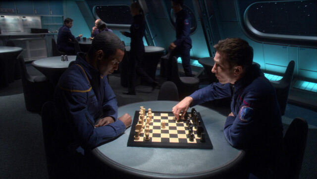 Anthony Montgomery and Dominic Keating as Mayweather and Reed possessed by Organians