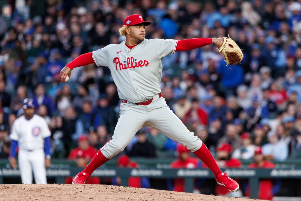 Taijuan Walker #99 of the Philadelphia Phillies pitches against the Chicago Cubs.