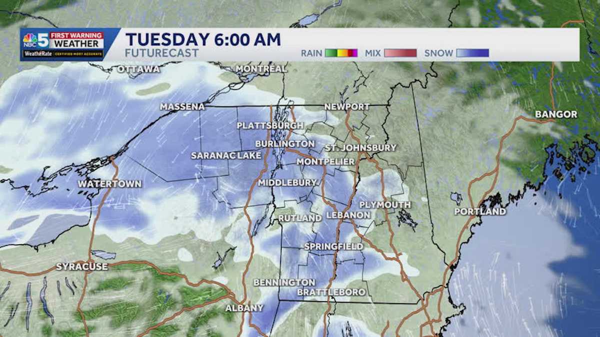 See when snow arrives during Tuesday morning commute in Vermont, New York