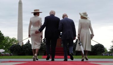 President Trump gives first lady Melania a playful tap on the tush during meeting with King Charles and Queen Camilla
