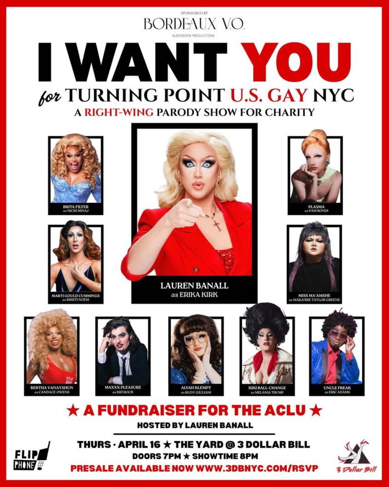 The poster shows 10 drag performers and lists the right-wing figures that they portrayed in the show