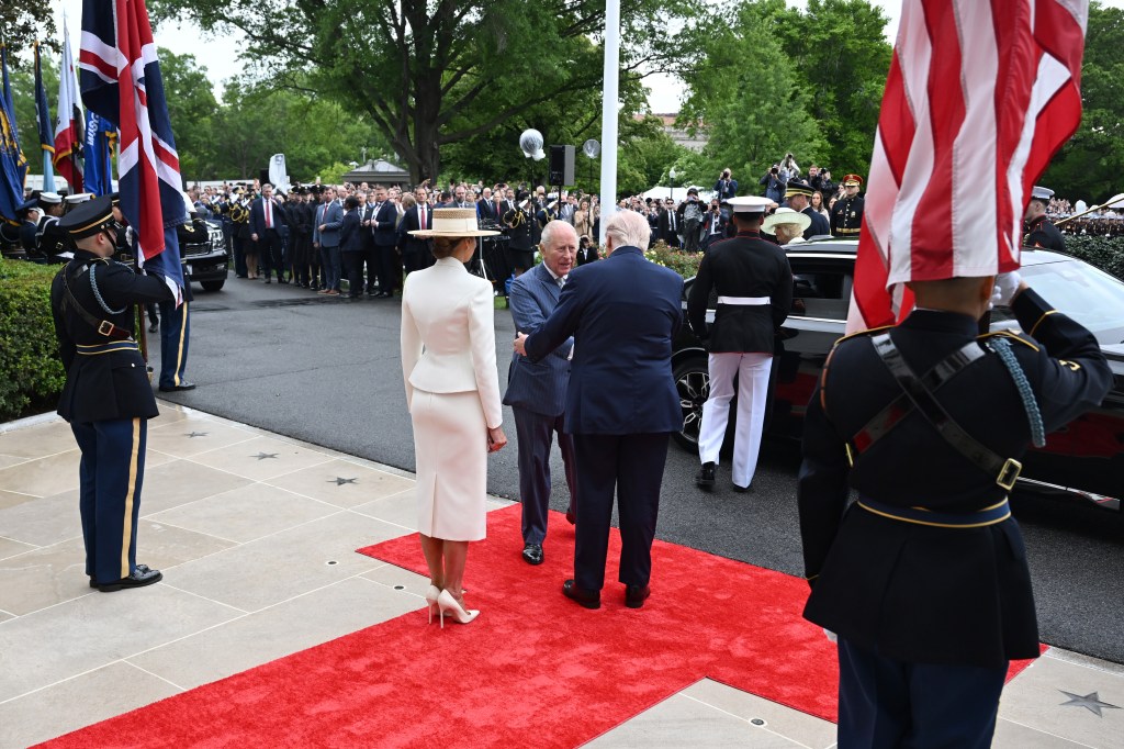 President Donald Trump and Melania Trump greet King Charles III and Queen Camila to the White House.
