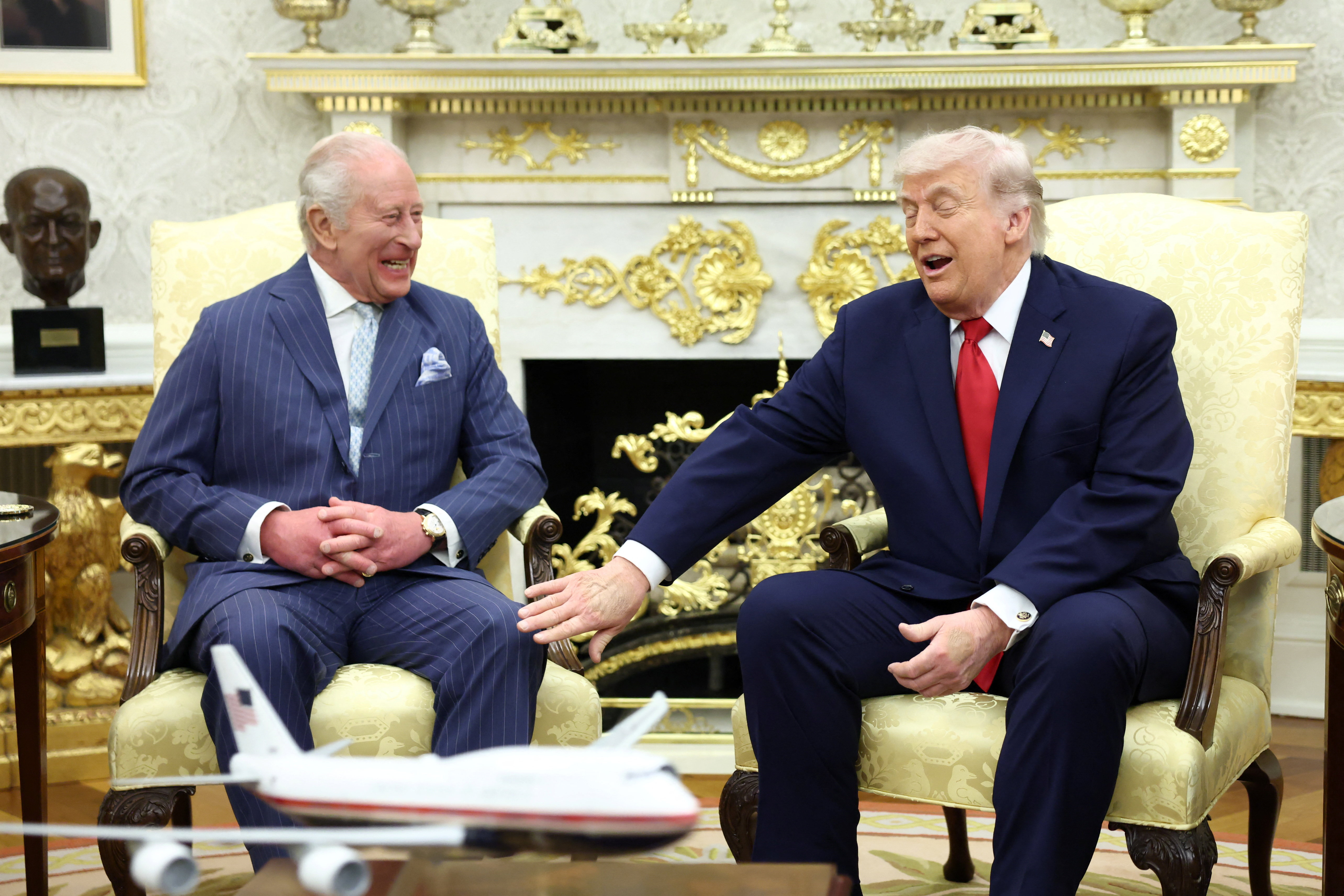 President Donald Trump meets with Britain's King Charles III in the Oval Office.