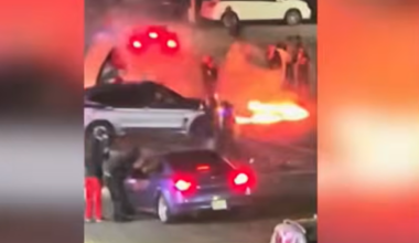 NYPD responds to Queens street takeover, group jumps on cruiser to break windshield