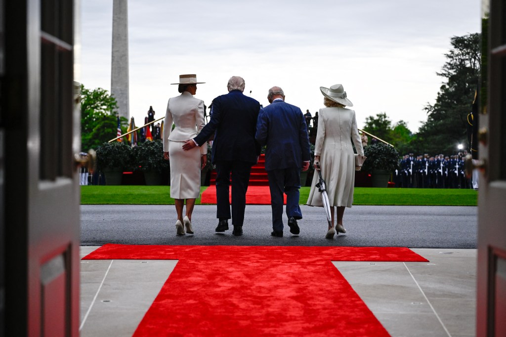 President Donald Trump and Melania Trump greet King Charles III and Queen Camila to the White House.