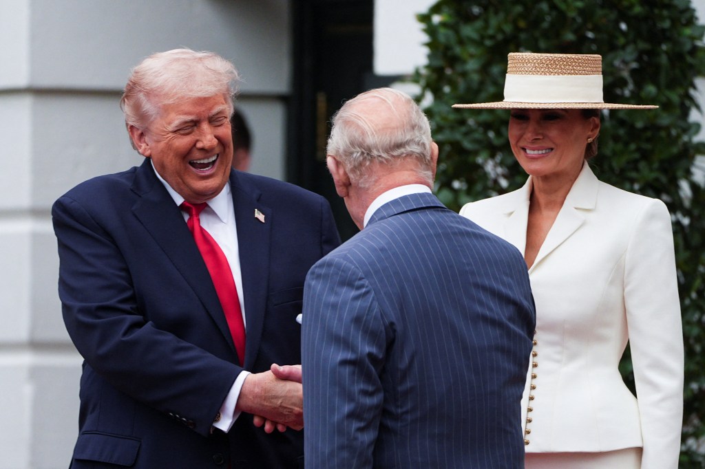 President Donald Trump and Melania Trump greet King Charles III and Queen Camila to the White House.