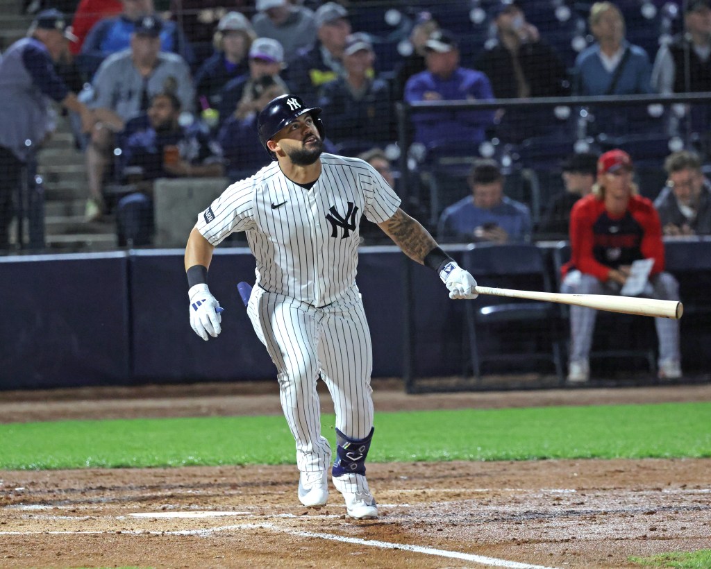 New York Yankees left fielder Jasson Domínguez #24, flies out to right in the 3rd inning.