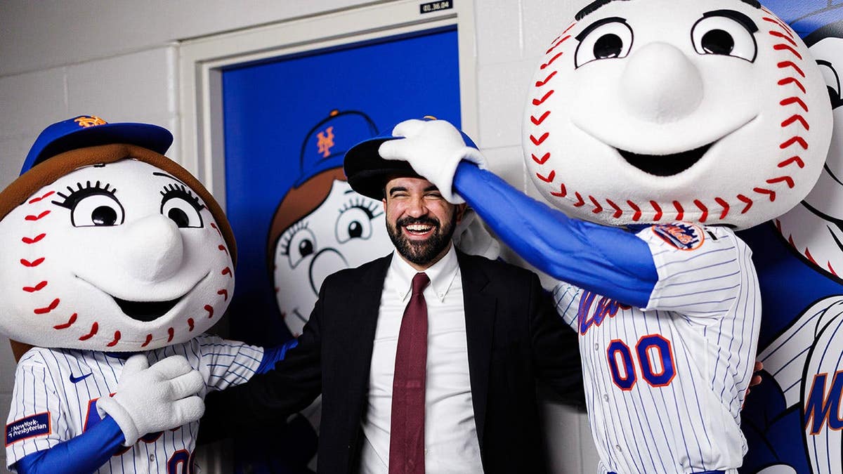 New York City Mayor Zohran Mamdani meeting Mrs. Met and Mr. Met at Citi Field