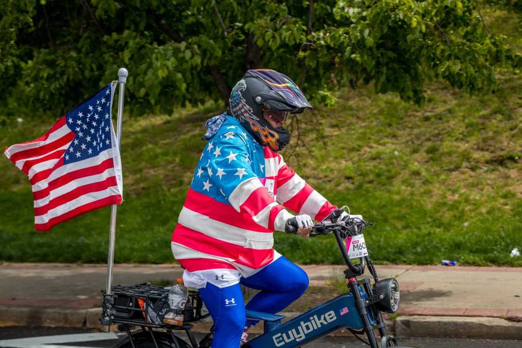 A cyclist decked out in US gear  in the Annual Five Boro Bike Tour on May 3, 2026 in New York City.