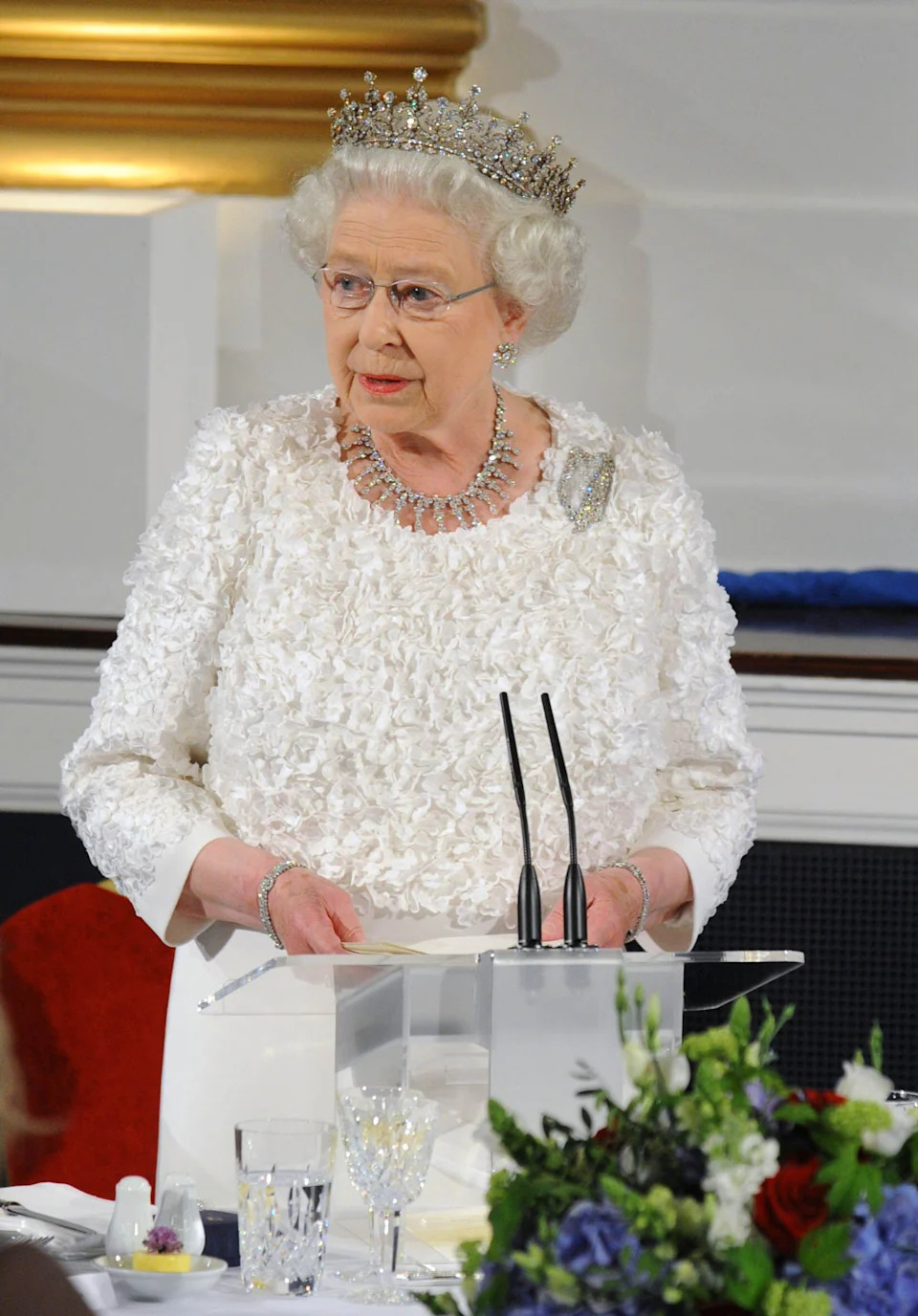Queen Elizabeth II delivers a speech during a State Dinner at Dublin Castle on May 18, 2011 at the end of the second day of an historic visit to Ireland.